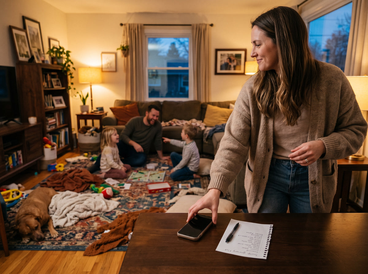 Mother beginning a screen light evening after a day online