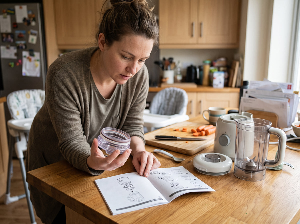Parent comparing removable baby food maker parts on a kitchen counter.